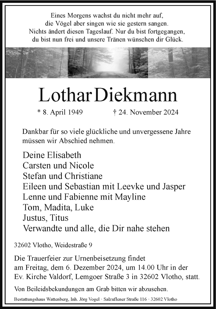 Traueranzeige für Lothar Diekmann vom 30.11.2024 aus Westfalen Blatt