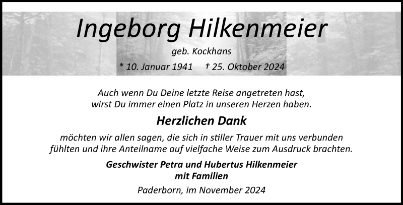 Traueranzeige für Ingeborg Hilkenmeier vom 30.11.2024 aus Westfalen Blatt