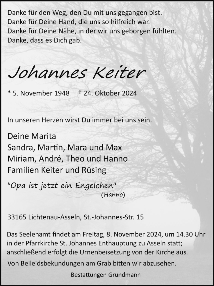  Traueranzeige für   vom 01.11.2024 aus Westfalen Blatt