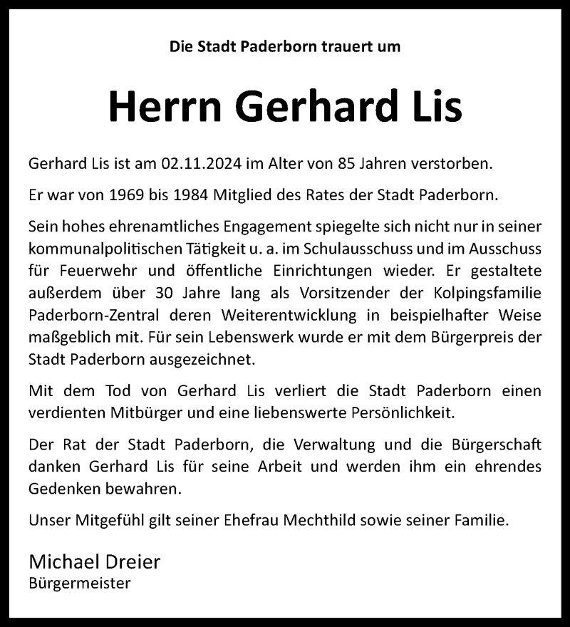  Traueranzeige für Gerhard Lis vom 09.11.2024 aus Westfalen Blatt