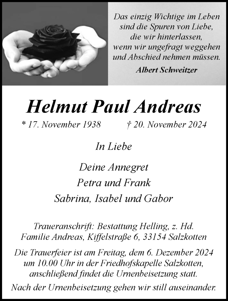  Traueranzeige für Helmut Paul Andreas vom 30.11.2024 aus Westfalen Blatt