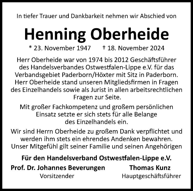  Traueranzeige für Henning Oberheide vom 22.11.2024 aus Westfalen Blatt