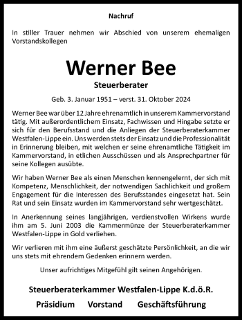 Traueranzeige von Werner Bee von Westfalen Blatt