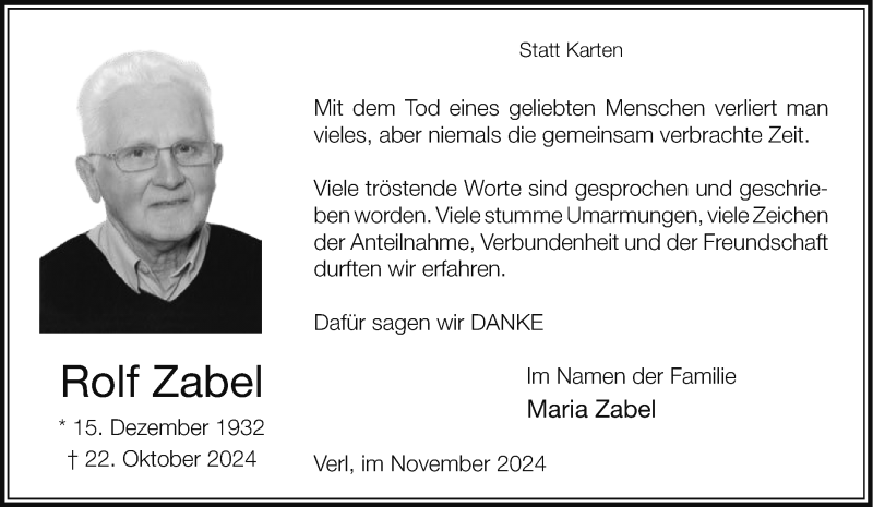  Traueranzeige für Rolf Zabel vom 23.11.2024 aus Westfalen Blatt