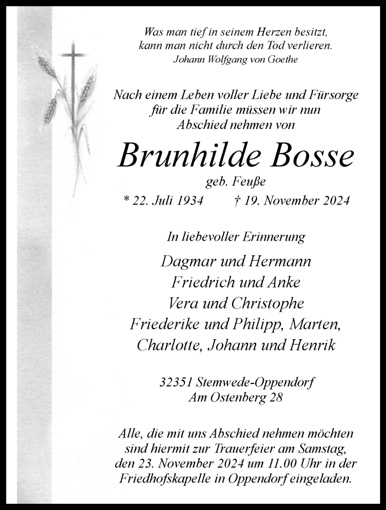  Traueranzeige für Brunhilde Bosse vom 21.11.2024 aus Westfalen Blatt