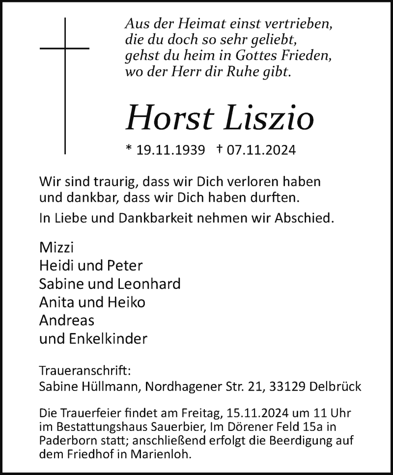  Traueranzeige für Horst Liszio vom 13.11.2024 aus Westfalen Blatt