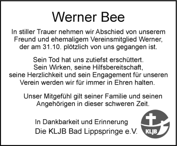 Traueranzeige von Werner Bee von Westfalen Blatt