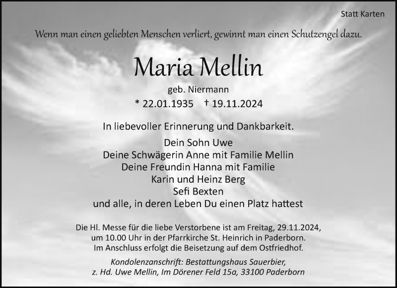  Traueranzeige für Maria Mellin vom 23.11.2024 aus Westfalen Blatt