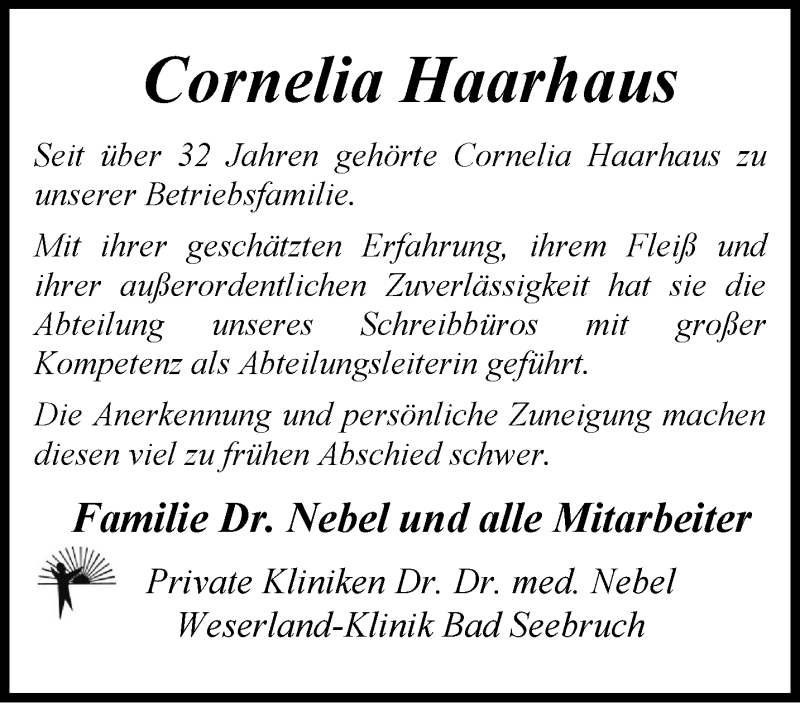  Traueranzeige für Cornelia Haarhaus vom 01.11.2024 aus Westfalen Blatt