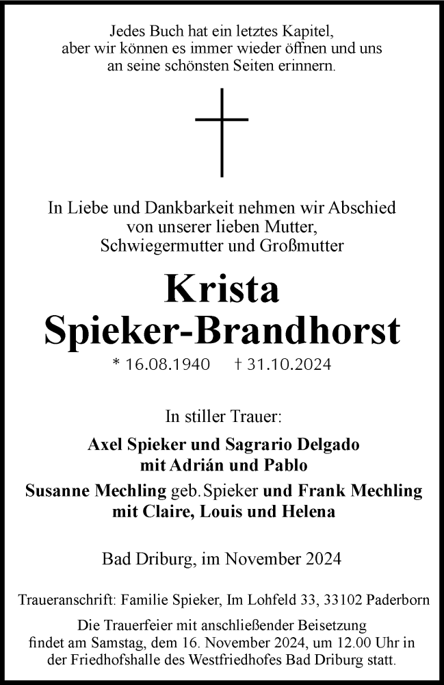  Traueranzeige für Krista Spieker-Brandhorst vom 09.11.2024 aus Westfalen Blatt
