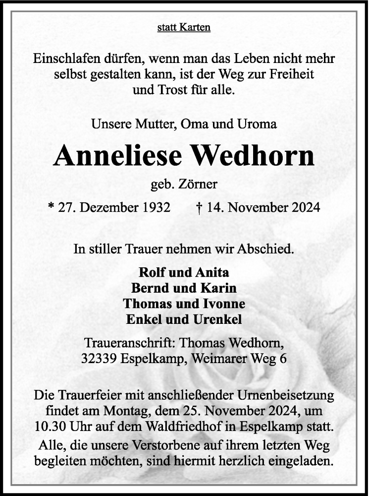  Traueranzeige für Anneliese Wedhorn vom 16.11.2024 aus Westfalen Blatt