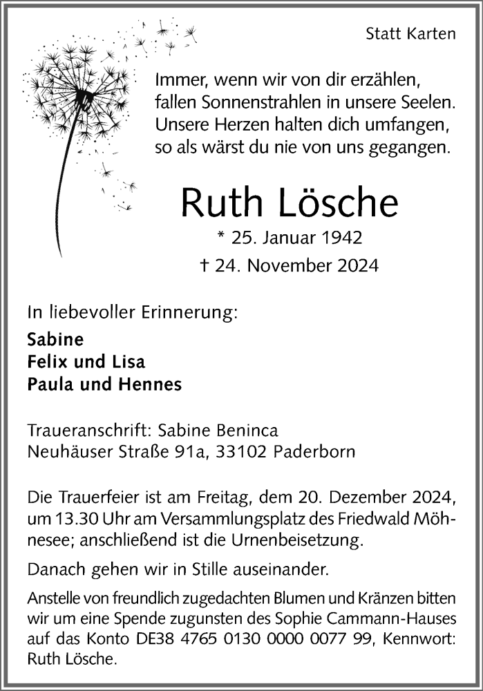  Traueranzeige für Ruth Lösche vom 30.11.2024 aus Westfalen Blatt
