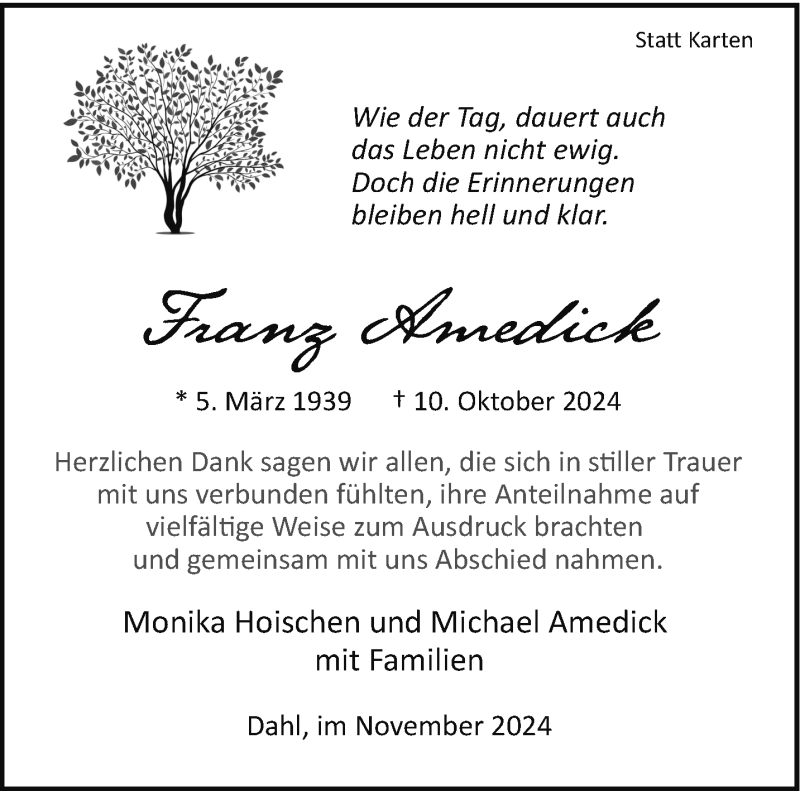  Traueranzeige für Franz Amedick vom 16.11.2024 aus Westfalen Blatt