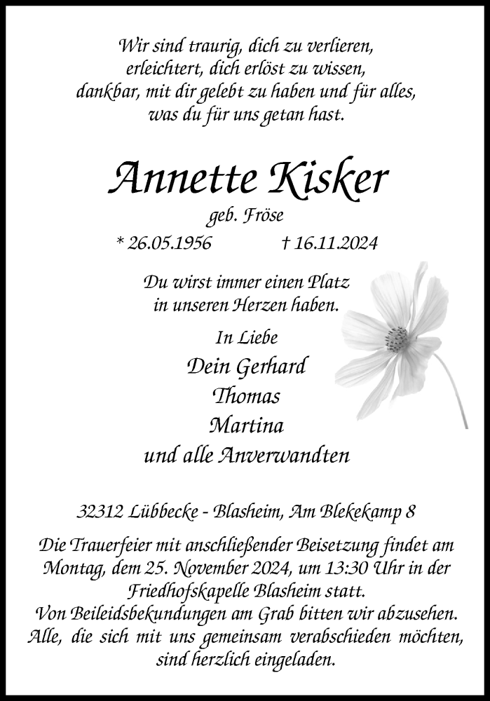  Traueranzeige für Annette Kisker vom 21.11.2024 aus Westfalen Blatt