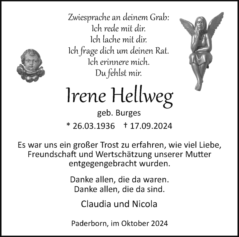  Traueranzeige für Irene Hellweg vom 01.11.2024 aus Westfalen Blatt