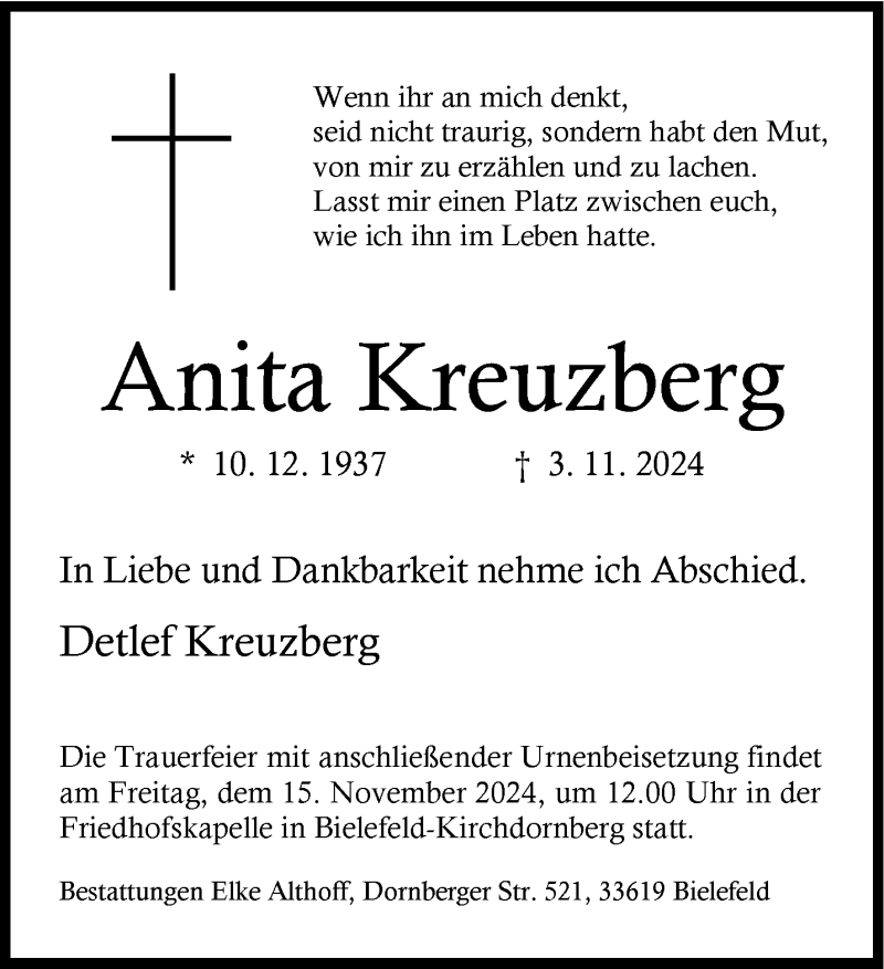  Traueranzeige für Anita Kreuzberg vom 09.11.2024 aus Westfalen Blatt