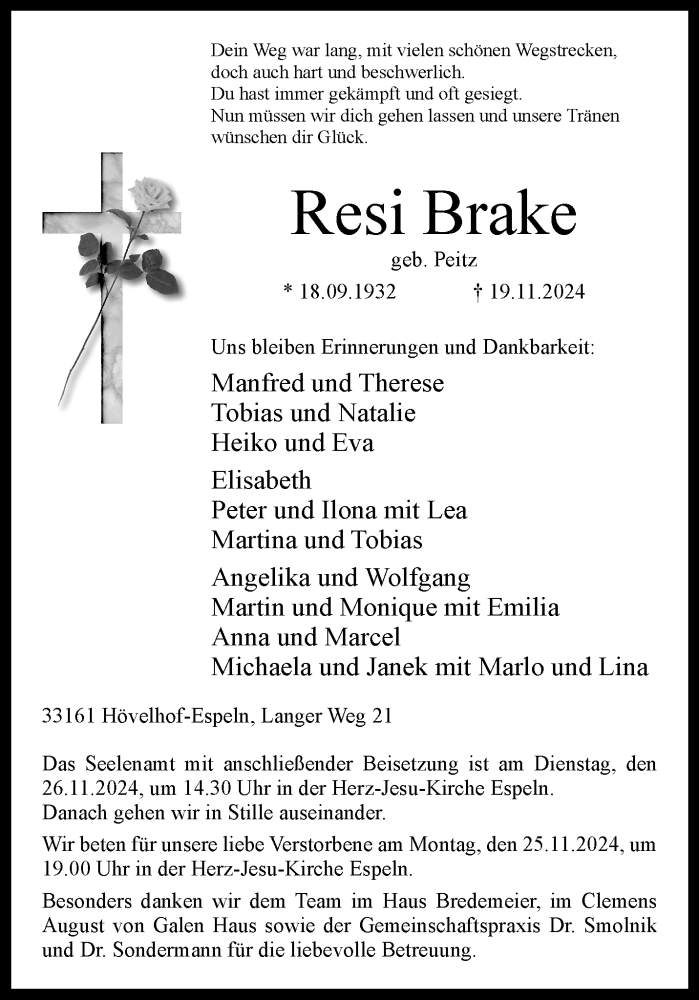  Traueranzeige für Resi Brake vom 23.11.2024 aus Westfalen Blatt