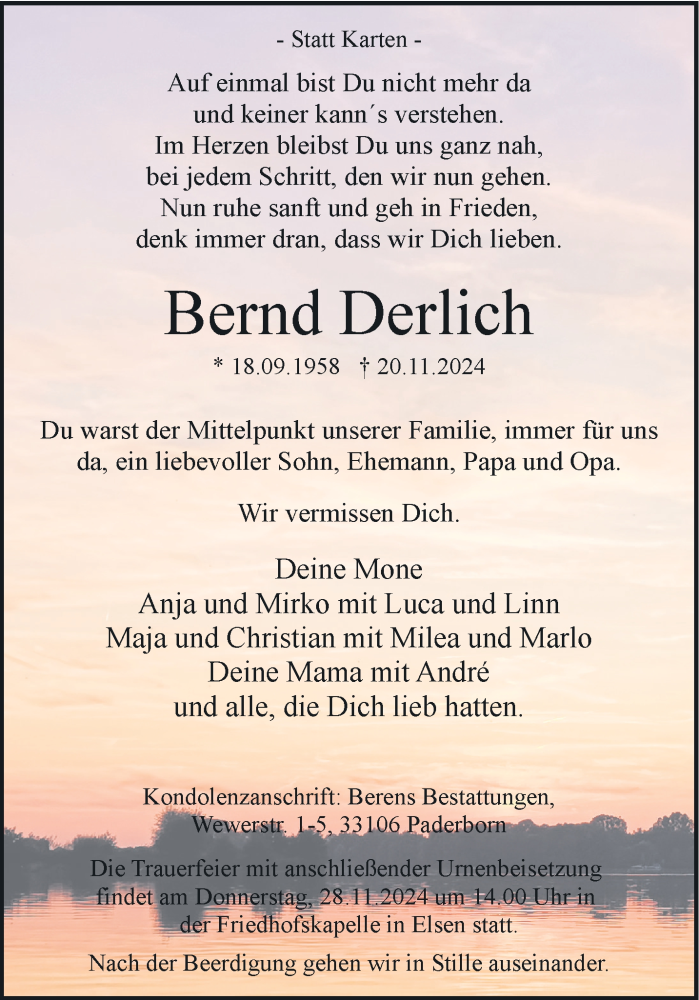  Traueranzeige für Bernd Derlich vom 23.11.2024 aus Westfalen Blatt