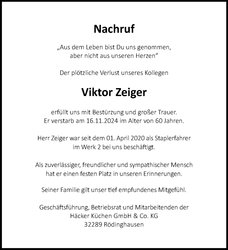  Traueranzeige für Viktor Zeiger vom 22.11.2024 aus Westfalen Blatt