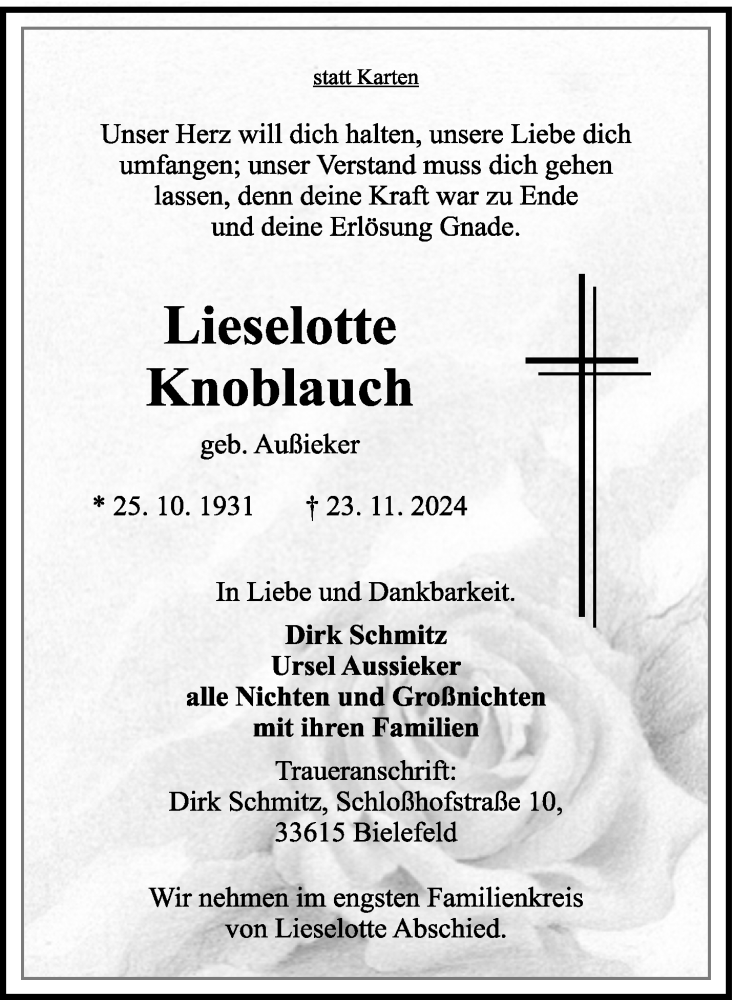  Traueranzeige für Lieselotte Knoblauch vom 26.11.2024 aus Westfalen Blatt