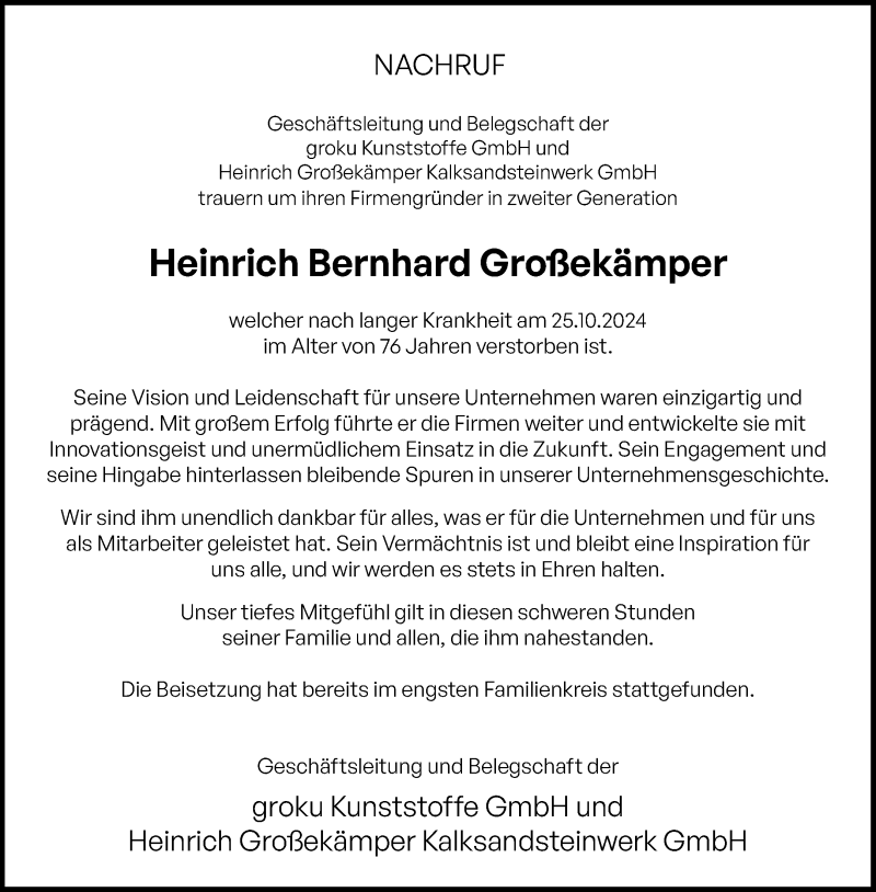  Traueranzeige für Heinrich Bernhard Großekämper vom 04.11.2024 aus Westfalen Blatt