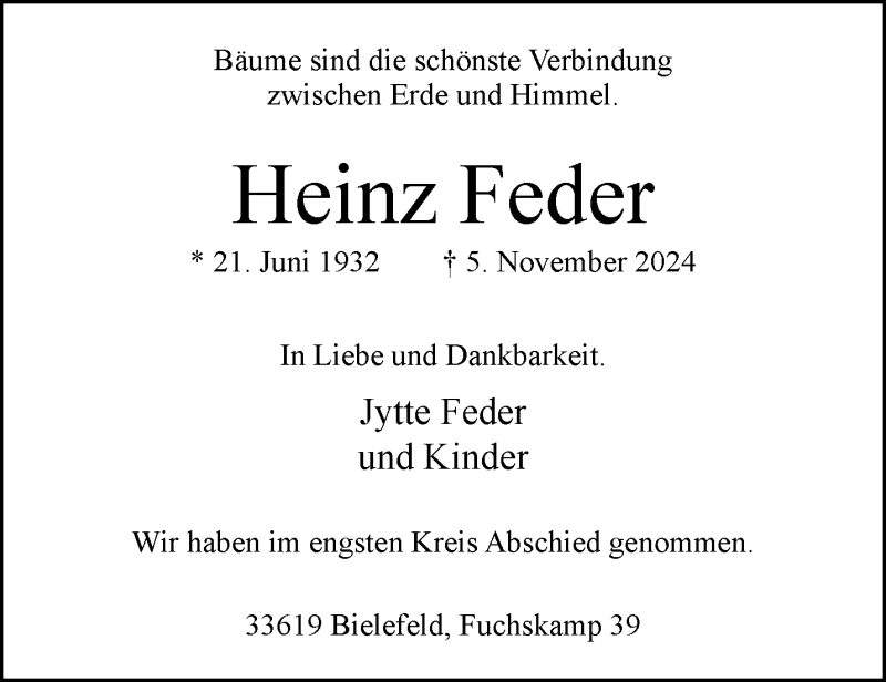  Traueranzeige für Heinz Feder vom 23.11.2024 aus Westfalen Blatt