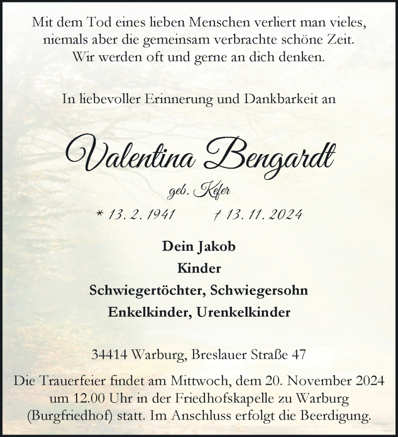  Traueranzeige für Valentina Bengardt vom 16.11.2024 aus Westfalen Blatt