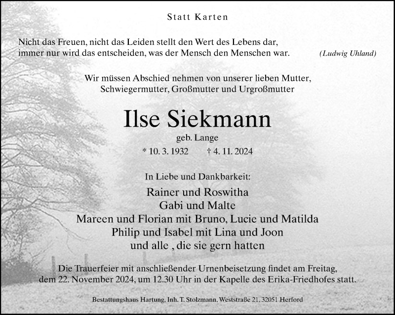  Traueranzeige für Ilse Siekmann vom 16.11.2024 aus Westfalen Blatt