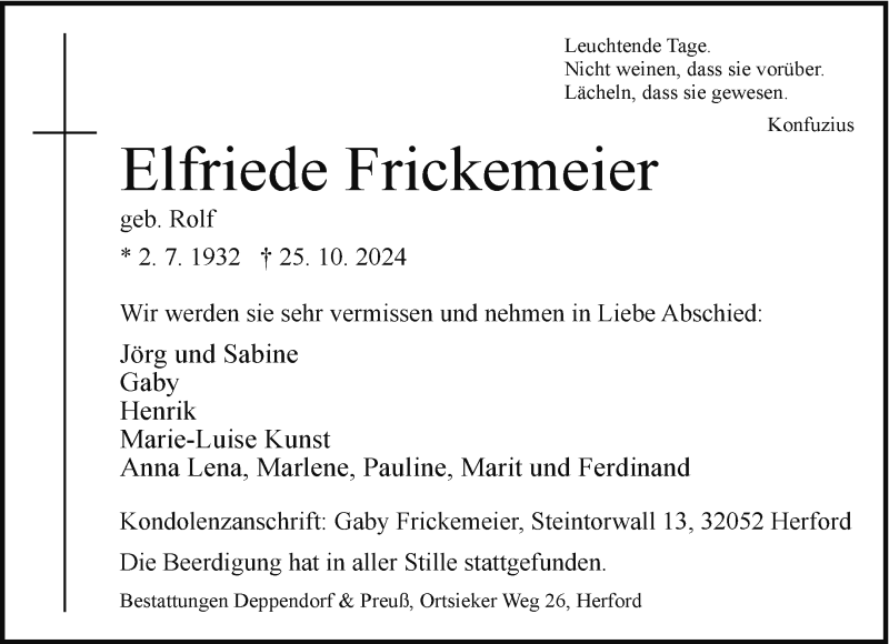 Traueranzeige für Elfriede Frickemeier vom 31.10.2024 aus Westfalen Blatt