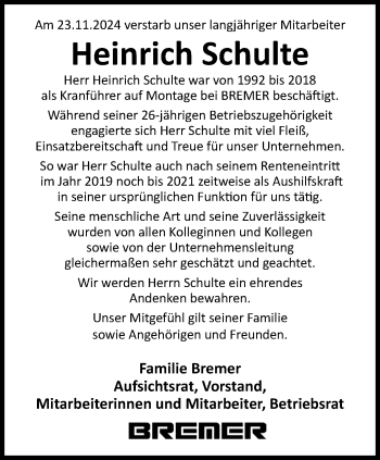 Traueranzeige von Heinrich Schulte von Westfalen Blatt