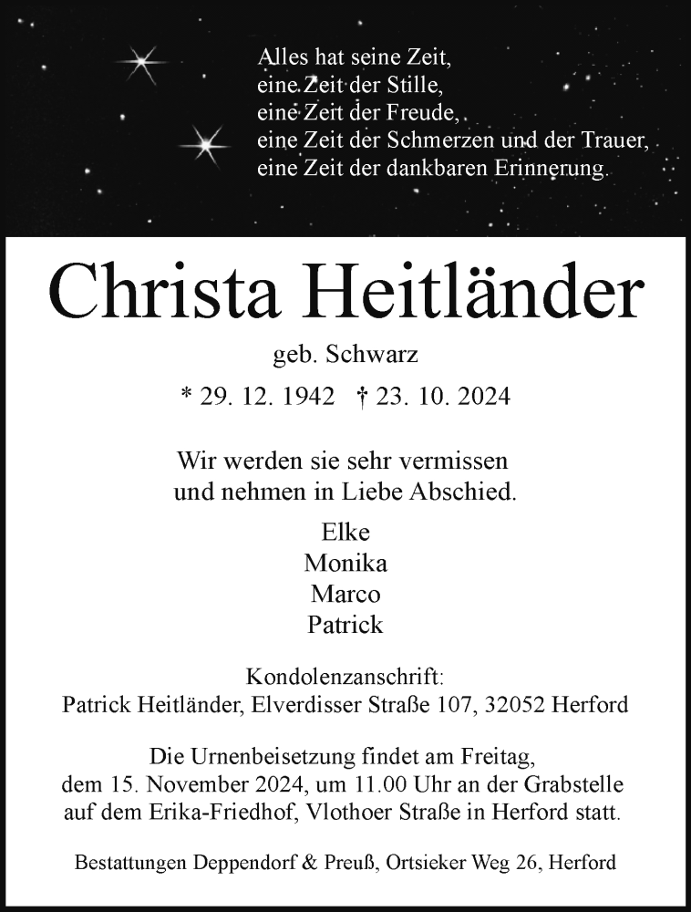  Traueranzeige für Christa Heitländer vom 01.11.2024 aus Westfalen Blatt