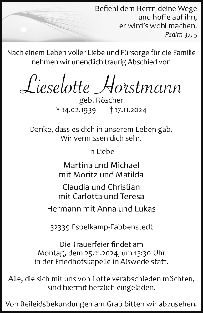  Traueranzeige für Lieselotte Horstmann vom 20.11.2024 aus Westfalen Blatt