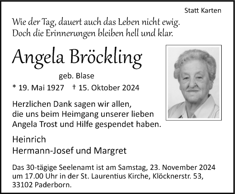  Traueranzeige für Angela Bröckling vom 16.11.2024 aus Westfalen Blatt