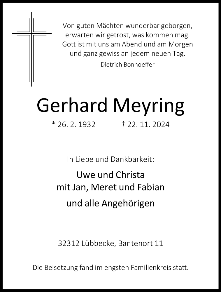  Traueranzeige für Gerhard Meyring vom 30.11.2024 aus Westfalen Blatt