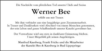 Traueranzeige von Werner Bee von Westfalen Blatt