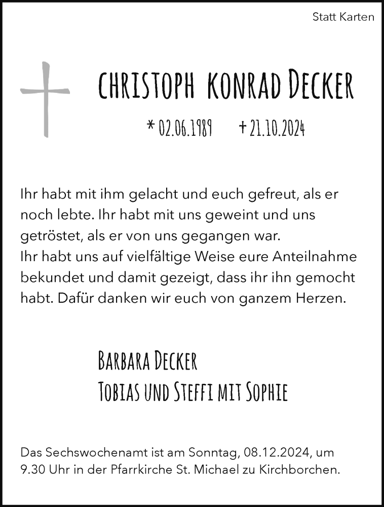  Traueranzeige für Christoph Konrad Decker vom 30.11.2024 aus Westfalen Blatt