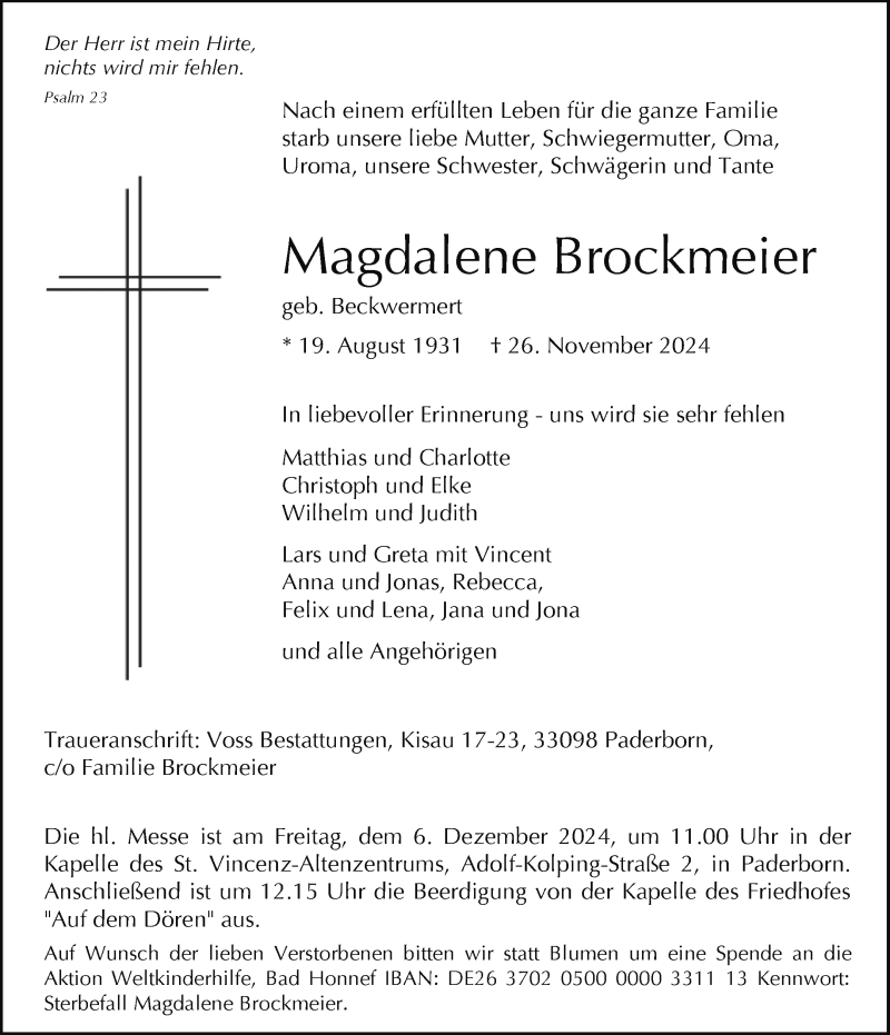  Traueranzeige für Magdalene Brockmeier vom 30.11.2024 aus Westfalen Blatt