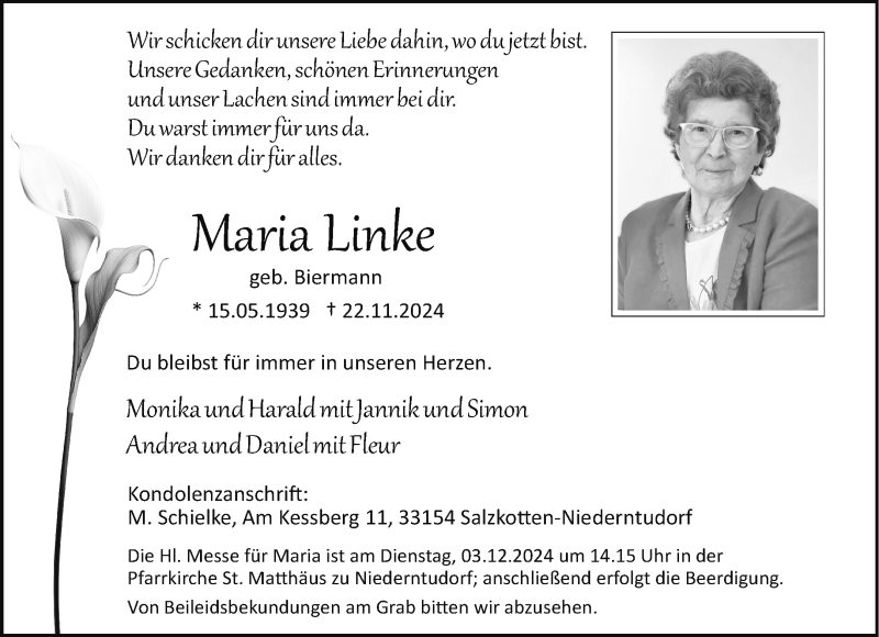  Traueranzeige für Maria Linke vom 30.11.2024 aus Westfalen Blatt