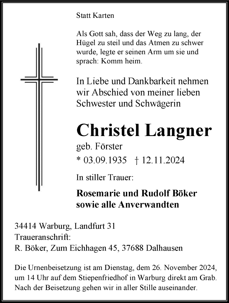  Traueranzeige für Christel Langner vom 23.11.2024 aus Westfalen Blatt