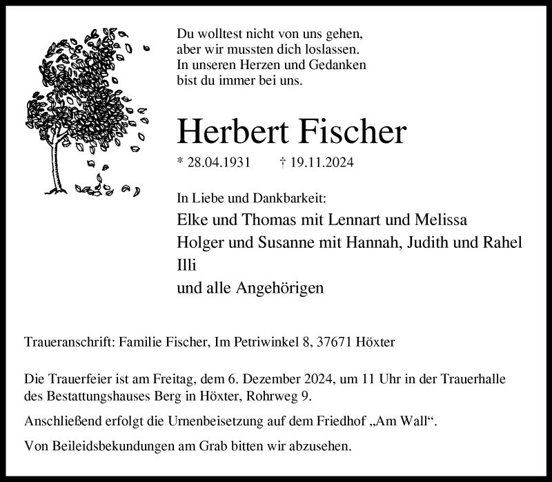  Traueranzeige für Herbert Fischer vom 23.11.2024 aus Westfalen Blatt