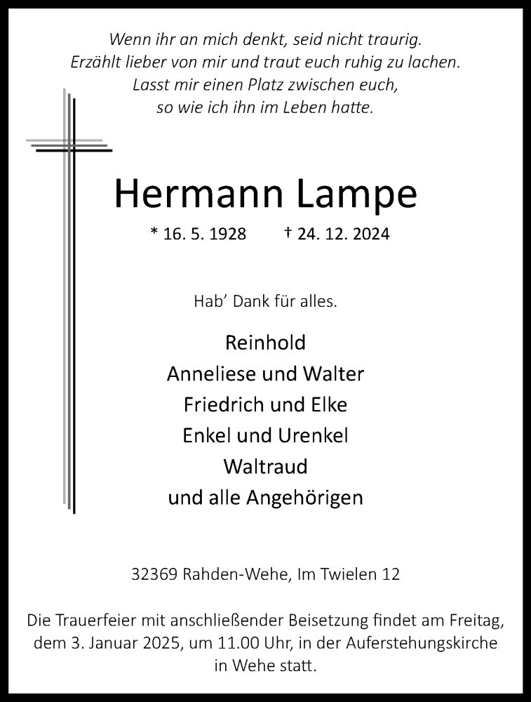  Traueranzeige für Hermann Lampe vom 30.12.2024 aus Westfalen Blatt