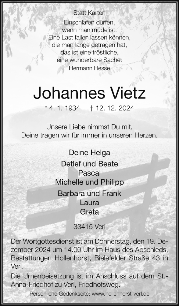  Traueranzeige für Johannes Vietz vom 18.12.2024 aus Westfalen Blatt