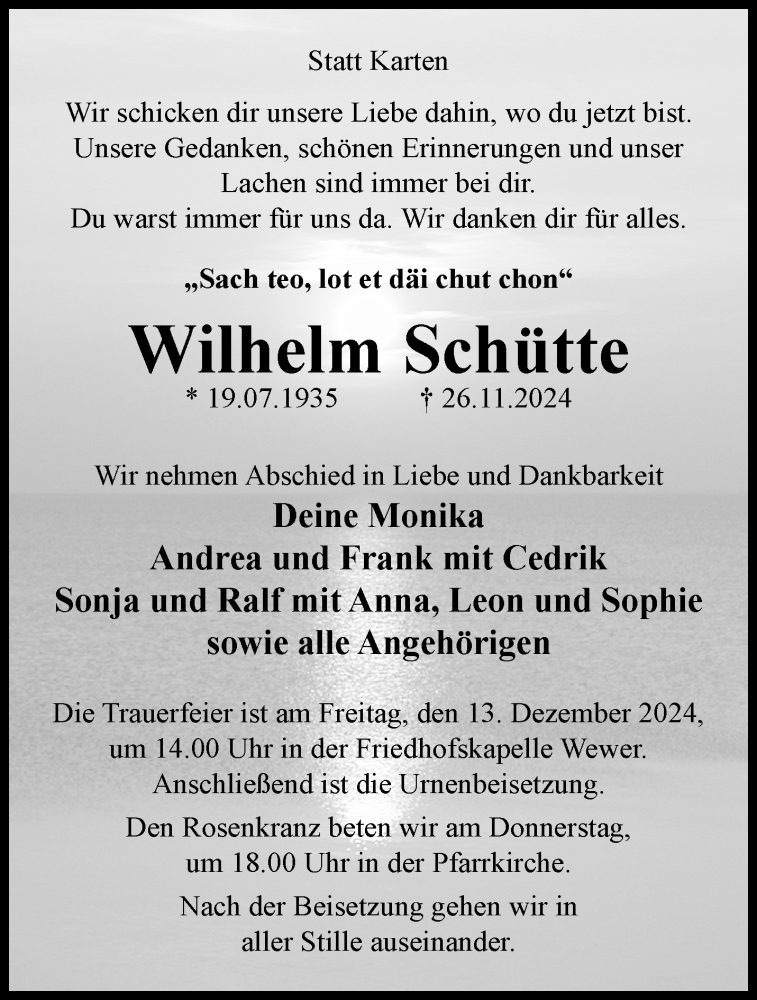  Traueranzeige für Wilhelm Schütte vom 07.12.2024 aus Westfalen Blatt