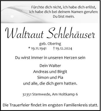 Traueranzeige von Waltraut Waltraut Schlehäuser (geb. Obering) von Westfalen Blatt