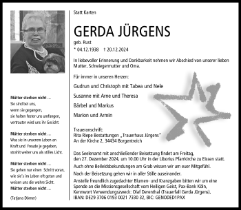 Traueranzeige von  GERDA JÜRGENS (geb. Rust) von Westfalen Blatt