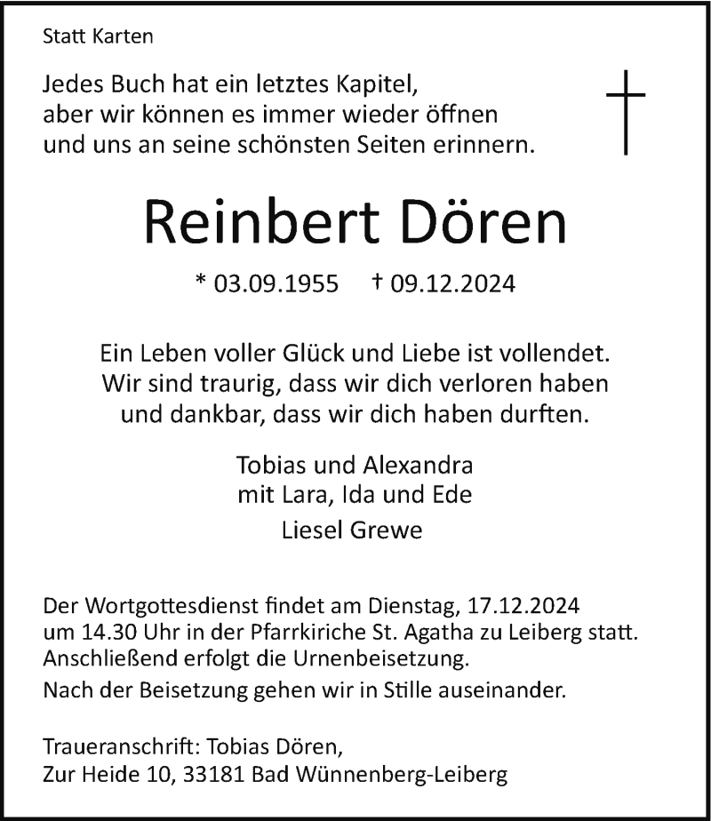  Traueranzeige für Reinbert Dören vom 14.12.2024 aus Westfalen Blatt