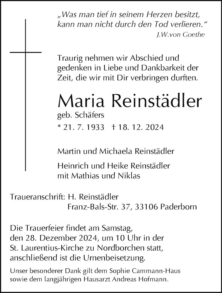  Traueranzeige für Maria Reinstädler vom 21.12.2024 aus Westfalen Blatt
