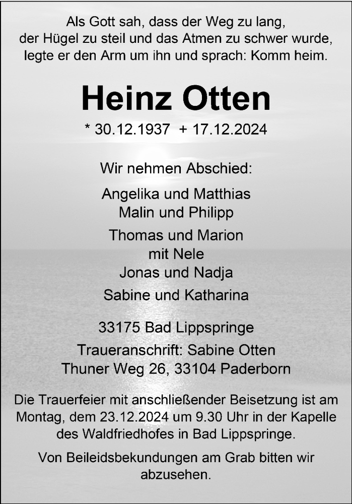  Traueranzeige für Heinz Otten vom 21.12.2024 aus Westfalen Blatt