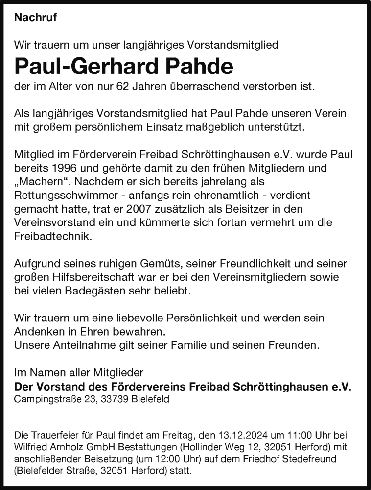  Traueranzeige für Paul-Gerhard Pahde vom 10.12.2024 aus Westfalen Blatt