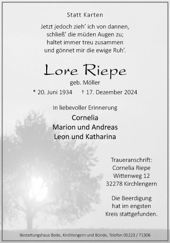 Traueranzeige von Lore Riepe von Westfalen Blatt